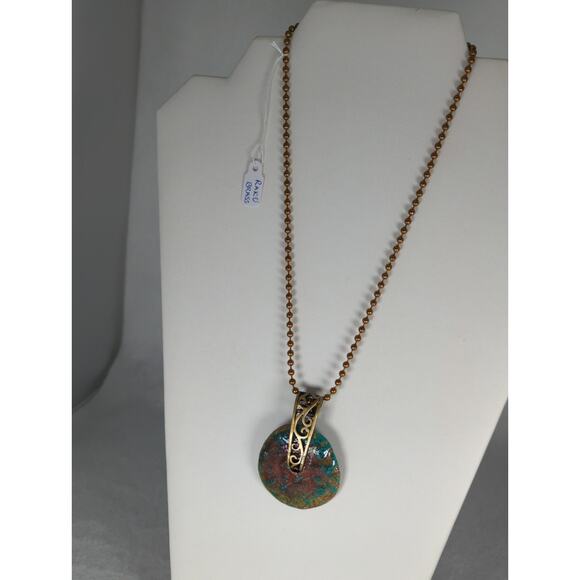Raku donut pendant+17 ball chain handmade artisan brass ethnic boho hippie NWT - Picture 5 of 6